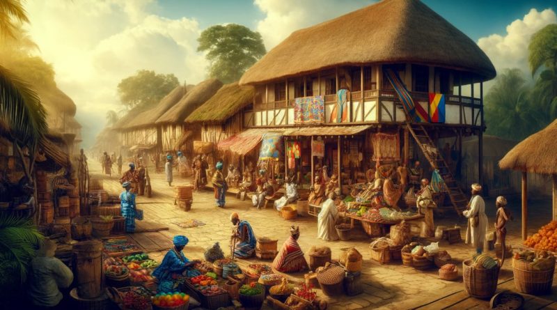 Imagem retrata uma cena de um mercado movimentado no Reino do Kongo, capturando a vida diária e a riqueza cultural deste reino histórico. (Imagem gerada por IA)
