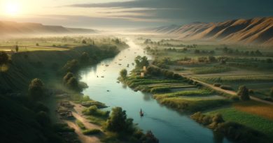 A imagem captura o Eufrates fluindo por uma paisagem fértil ao amanhecer, com as primeiras luzes do dia iluminando as águas suaves do rio. As margens estão repletas de vegetação verde, indicando a presença nutritiva do rio na região. Pequenas comunidades agrícolas são visíveis ao longe, com campos de cultivo e gado disperso. Pescadores locais em barcos tradicionais navegam pelas águas, enquanto crianças brincam à margem do rio. A cena é tranquila e reflete a essência vital do Eufrates para a civilização mesopotâmica. (Imagem gerada por IA)