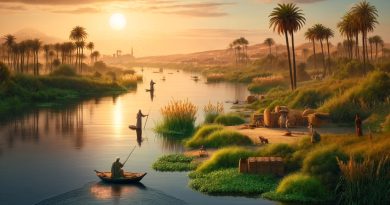 A cena captura o Nilo ao pôr do sol, com suas águas tranquilas refletindo as tonalidades quentes do céu. Ao longo das margens, a vegetação exuberante, plantas de papiro e palmeiras datileras são abundantes, destacando o papel vital do rio para a vida no Egito. (Imagem gerada por IA)