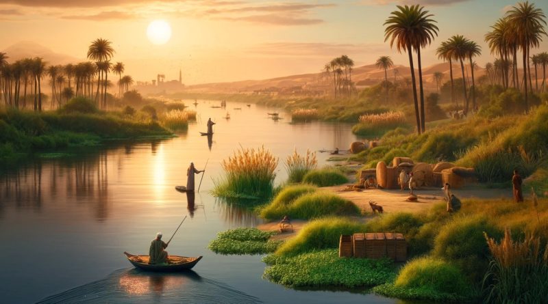 A cena captura o Nilo ao pôr do sol, com suas águas tranquilas refletindo as tonalidades quentes do céu. Ao longo das margens, a vegetação exuberante, plantas de papiro e palmeiras datileras são abundantes, destacando o papel vital do rio para a vida no Egito. (Imagem gerada por IA)