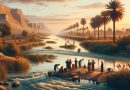 A imagem mostra o Tigre ao pôr do sol, com seu fluxo robusto cortando uma paisagem diversificada. As margens do rio estão alinhadas com altos juncos e palmeiras datileras, típicos da planície de inundação da Mesopotâmia. Em primeiro plano, um grupo de moradores locais, incluindo homens e mulheres em trajes tradicionais, estão pescando e retirando água, demonstrando o papel integral do rio em suas vidas diárias. O fundo distante apresenta ruínas antigas, sugerindo a importância histórica do Tigre ao longo das civilizações. (Imagem gerada por IA)