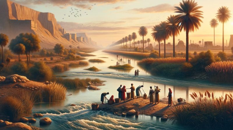 A imagem mostra o Tigre ao pôr do sol, com seu fluxo robusto cortando uma paisagem diversificada. As margens do rio estão alinhadas com altos juncos e palmeiras datileras, típicos da planície de inundação da Mesopotâmia. Em primeiro plano, um grupo de moradores locais, incluindo homens e mulheres em trajes tradicionais, estão pescando e retirando água, demonstrando o papel integral do rio em suas vidas diárias. O fundo distante apresenta ruínas antigas, sugerindo a importância histórica do Tigre ao longo das civilizações. (Imagem gerada por IA)
