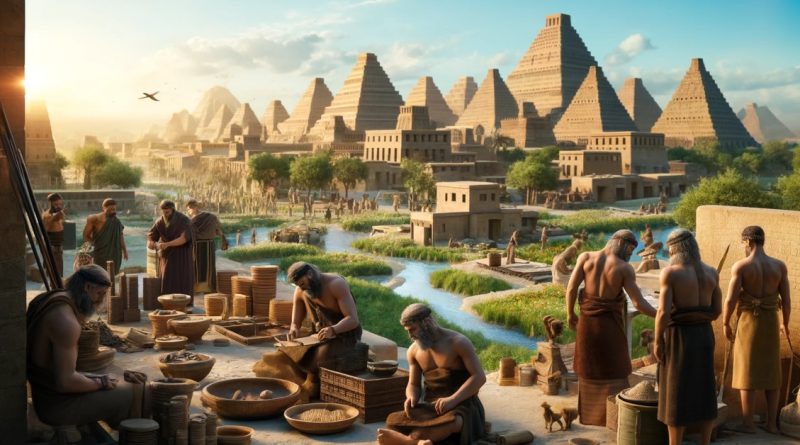 A imagem captura uma paisagem urbana com sumérios envolvidos em diversas atividades culturais e econômicas (Imagem gerada por IA)