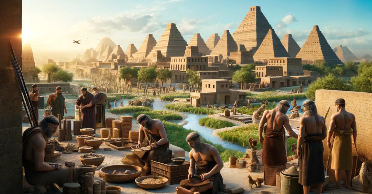 A imagem captura uma paisagem urbana com sumérios envolvidos em diversas atividades culturais e econômicas (Imagem gerada por IA)