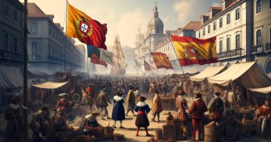 Imagem retrata o período da União Ibérica com uma cena animada em uma praça de mercado em Lisboa. (Imagem gerada por IA)