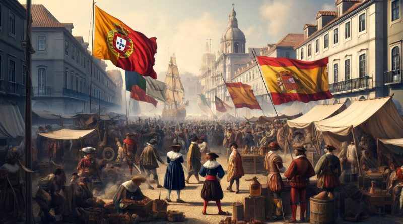 Imagem retrata o período da União Ibérica com uma cena animada em uma praça de mercado em Lisboa. (Imagem gerada por IA)