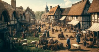 Imagem retrata uma cena de uma vila medieval europeia durante a era feudal, mostrando a dinâmica da vida diária sob esse sistema (Imagem gerada por IA)