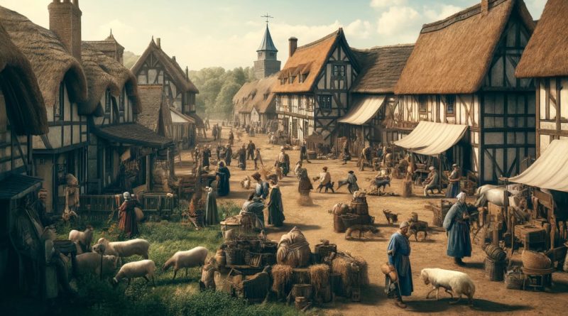 Imagem retrata uma cena de uma vila medieval europeia durante a era feudal, mostrando a dinâmica da vida diária sob esse sistema (Imagem gerada por IA)