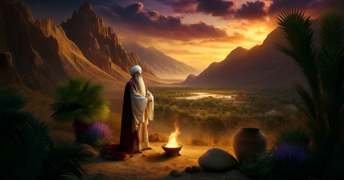 Imagem apresenta um cenário antigo do Oriente Médio com uma figura semelhante a Zoroastro perto de uma pequena fogueira (Imagem gerada por IA)