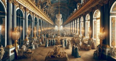 Imagem mostra o opulento Salão dos Espelhos com suas decorações luxuosas e interiores dourados, repleto de nobres elegantemente vestidos, refletindo a hierarquia social e o estilo de vida extravagante que caracterizou o absolutismo sob o rei Luís XIV (Imagem gerada por IA)