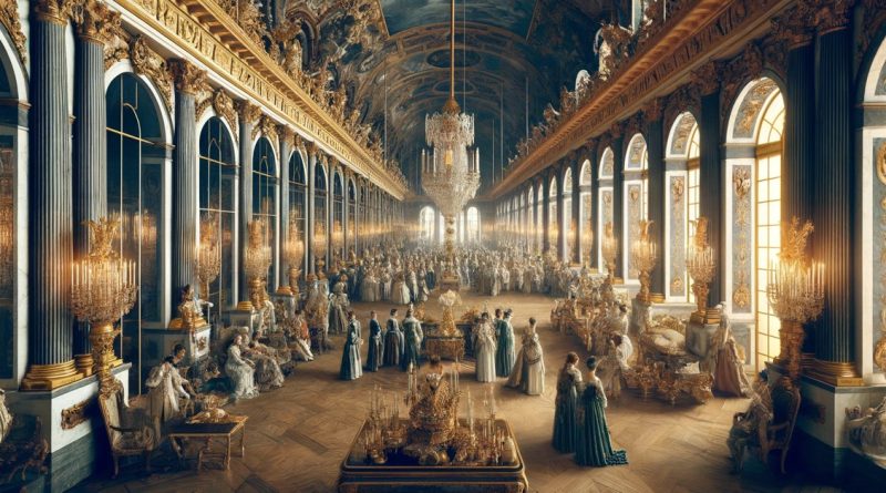 Imagem mostra o opulento Salão dos Espelhos com suas decorações luxuosas e interiores dourados, repleto de nobres elegantemente vestidos, refletindo a hierarquia social e o estilo de vida extravagante que caracterizou o absolutismo sob o rei Luís XIV (Imagem gerada por IA)
