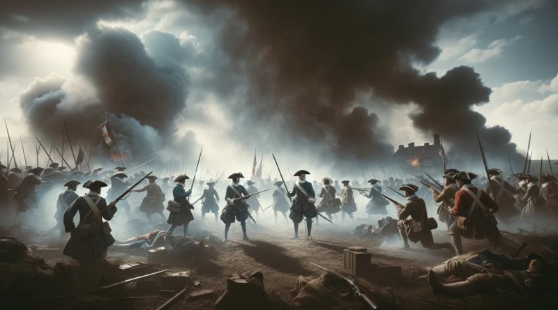 Imagem mostra um campo de batalha com soldados ingleses do século XVII envolvidos em combate, capturando a intensidade e a brutalidade da guerra entre os Realistas e os Parlamentaristas, refletindo as profundas divisões e lutas pelo poder que caracterizaram a era do Absolutismo na Inglaterra (Imagem gerada por IA)