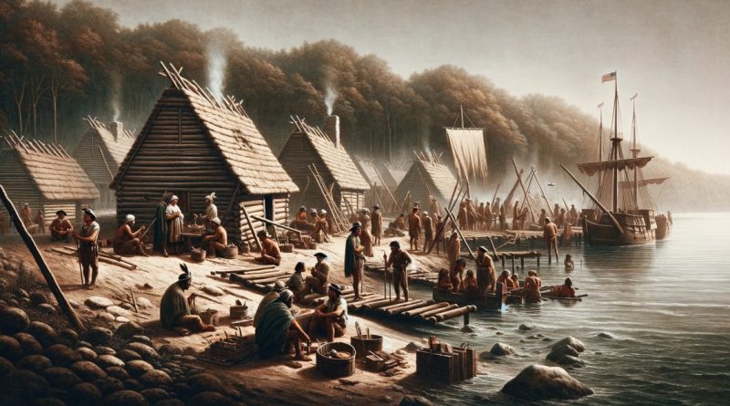 Imagem mostra um grupo de colonizadores ingleses chegando e estabelecendo um pequeno assentamento com estruturas de madeira ao longo de uma margem de rio, com nativos americanos observando cautelosamente à distância, cercados pelas densas florestas do Novo Mundo. Esta cena simboliza o início do processo de colonização e as interações complexas com as populações nativas (Imagem gerada por IA)