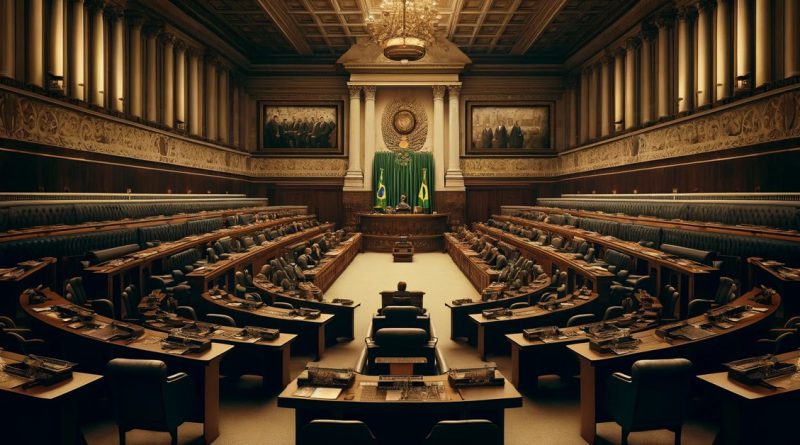 Imagem retrata a câmara do Senado brasileiro vazia, destacando a gravidade e a solenidade do processo de impeachment (Imagem gerada por IA)