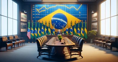 Imagem retrata uma sala de reuniões simbólica com uma grande mesa, bandeiras brasileiras e gráficos econômicos na parede, simbolizando as discussões e decisões que moldaram a economia brasileira durante o Plano Real e a era das privatizações (Imagem gerada por IA)