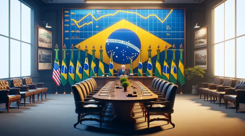 Imagem retrata uma sala de reuniões simbólica com uma grande mesa, bandeiras brasileiras e gráficos econômicos na parede, simbolizando as discussões e decisões que moldaram a economia brasileira durante o Plano Real e a era das privatizações (Imagem gerada por IA)