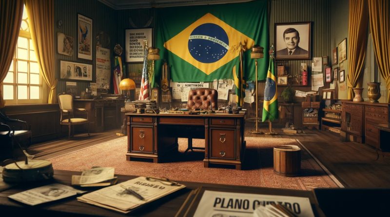Imagem retrata um escritório presidencial vazio da década de 1980, refletindo o ambiente econômico e político da época com elementos característicos como a bandeira brasileira e documentos relacionados ao Plano Cruzado e à Constituição de 1988 (Imagem gerada por IA)