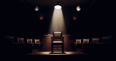 Imagem representa um tribunal sombrio com uma cadeira vazia sob um foco de luz, simbolizando os julgamentos e tribulações dos afetados por regimes militares (Imagem gerada por IA)