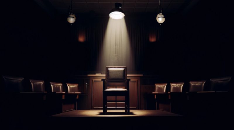 Imagem representa um tribunal sombrio com uma cadeira vazia sob um foco de luz, simbolizando os julgamentos e tribulações dos afetados por regimes militares (Imagem gerada por IA)