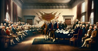 Imagem com figuras proeminentes da Revolução Americana, incluindo Thomas Jefferson, John Adams e Benjamin Franklin, reunidos ao redor de uma grande mesa, preparando-se para assinar o documento que declararia as colônias independentes do domínio britânico (Imagem gerada por IA)