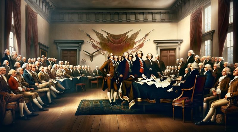 Imagem com figuras proeminentes da Revolução Americana, incluindo Thomas Jefferson, John Adams e Benjamin Franklin, reunidos ao redor de uma grande mesa, preparando-se para assinar o documento que declararia as colônias independentes do domínio britânico (Imagem gerada por IA)