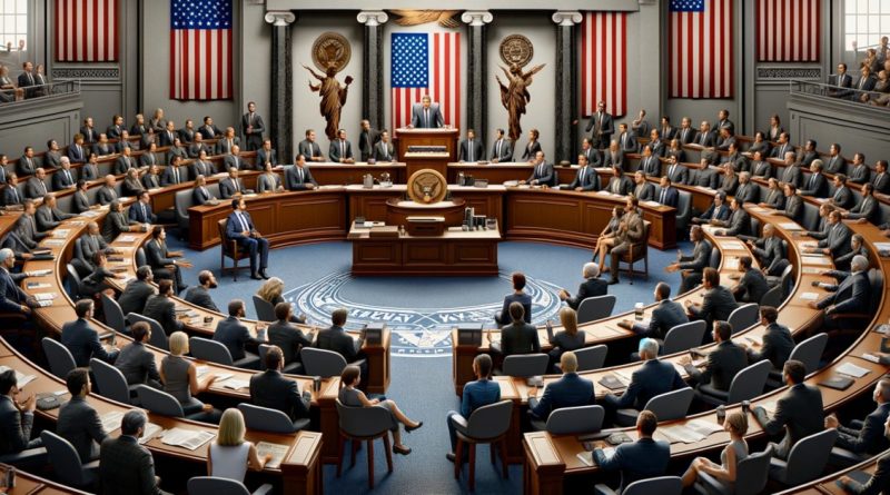 Imagem mostra um grupo diversificado de políticos, homens e mulheres de várias origens étnicas, engajados em uma discussão acalorada, cercados por bandeiras e emblemas que representam a democracia e a liberdade (Imagem gerada por IA)