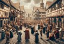 Imagem mostra uma praça de vilarejo europeu do século XVI, com pessoas envolvidas em um debate público apaixonado sobre reformas religiosas, capturando a atmosfera animada e contenciosa da era da Reforma (Imagem gerada por IA)