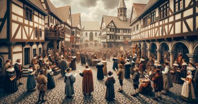 Imagem mostra uma praça de vilarejo europeu do século XVI, com pessoas envolvidas em um debate público apaixonado sobre reformas religiosas, capturando a atmosfera animada e contenciosa da era da Reforma (Imagem gerada por IA)