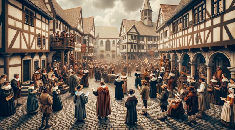 Imagem mostra uma praça de vilarejo europeu do século XVI, com pessoas envolvidas em um debate público apaixonado sobre reformas religiosas, capturando a atmosfera animada e contenciosa da era da Reforma (Imagem gerada por IA)
