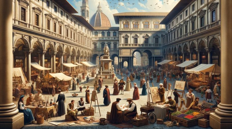 Imagem captura a vibração e riqueza cultural do período, com pessoas de diversas origens, incluindo artistas, comerciantes, estudiosos e nobres, em um ambiente arquitetônico que reflete elementos renascentistas clássicos (Imagem gerada por IA)
