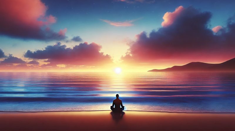 Imagem de uma praia ao nascer do sol, com uma pessoa em posição de meditação, representando tranquilidade e saúde mental