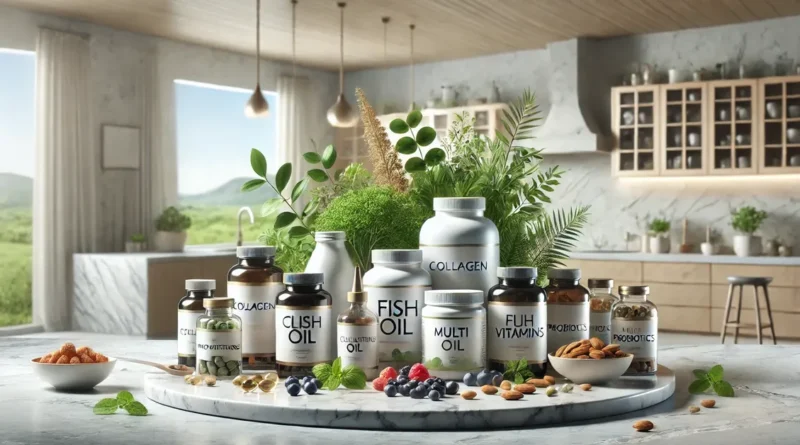 Arranjo elegante de suplementos em frascos sobre uma bancada de mármore