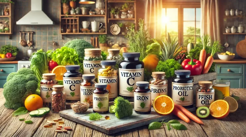 Coleção de suplementos dietéticos em cima de uma mesa de madeira rústica na cozinha