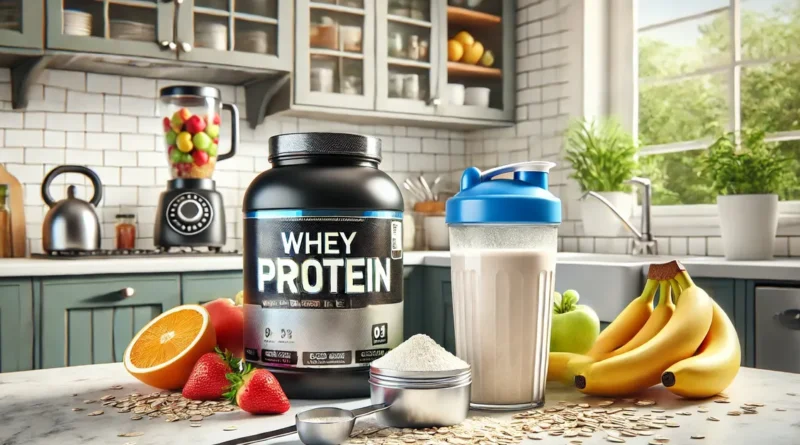 Coador de proteína do soro do leite em uma cozinha fitness.
