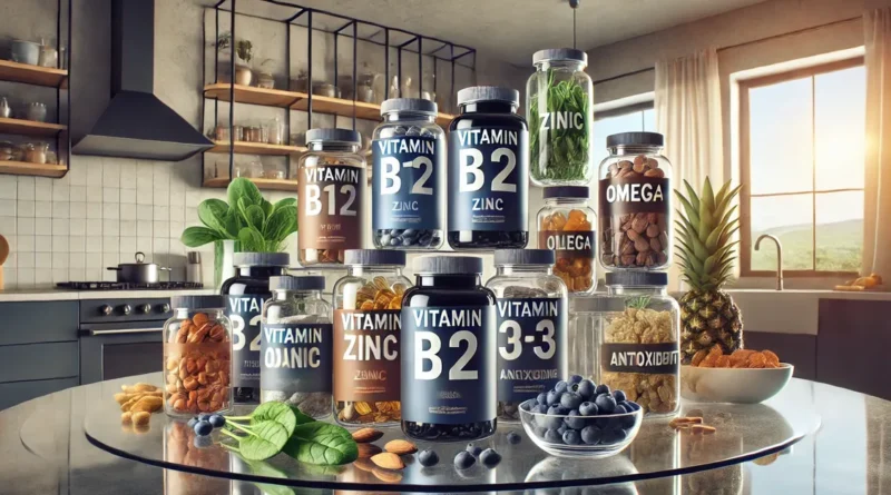 Seleção de suplementos dispostos em uma mesa de vidro moderna e elegante