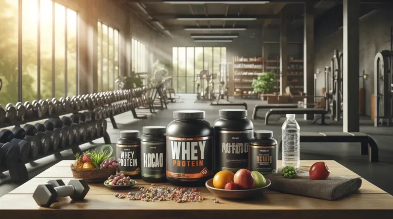 Suplementos fitness em um banco de academia moderno com whey protein