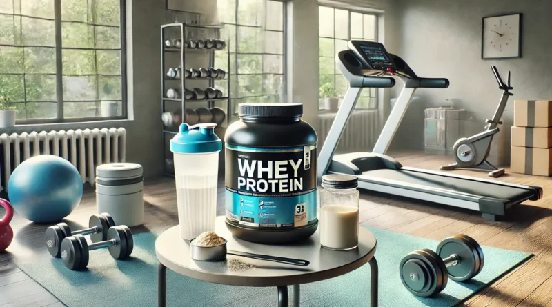 Whey protein em tableta e scooper para ginástica caseira