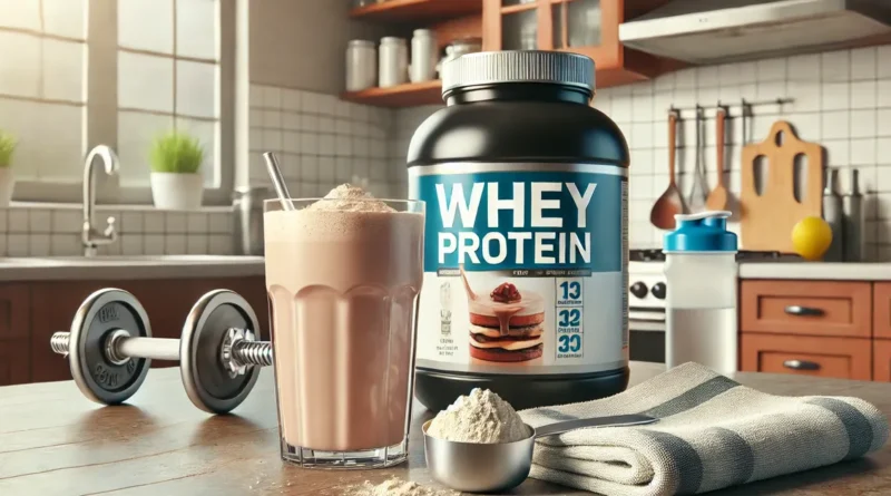 Pó de whey protein em uma cozinha após treino