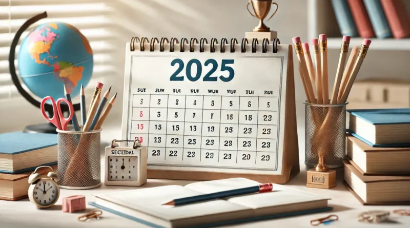 Calendário 2025 aberto com datas mensais para artigos educacionais.