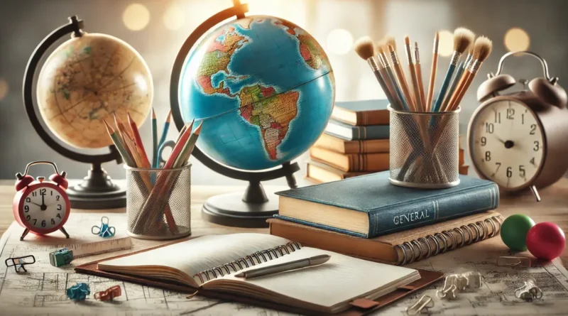 Livros abertos, globo e lápis sobre caderno