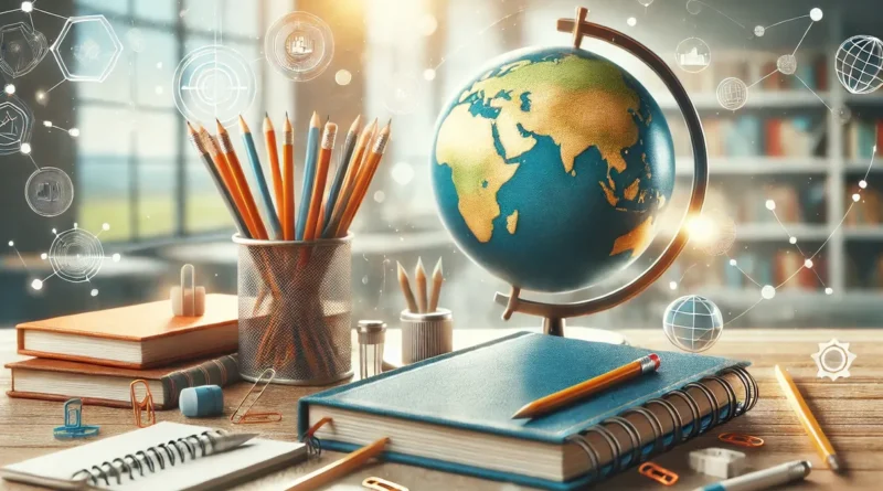 Imagem de um livro aberto com conteúdos educacionais variados