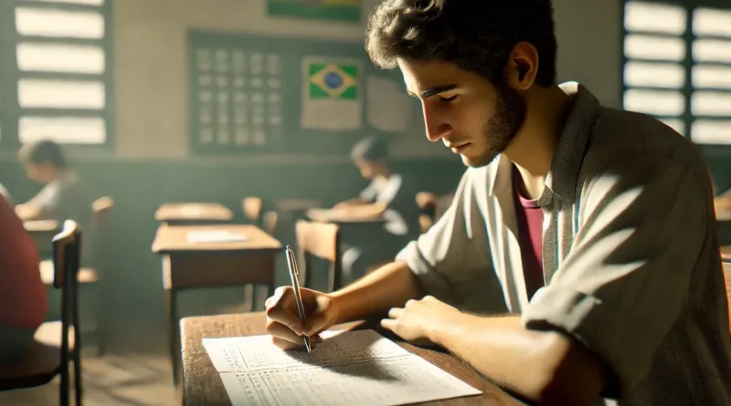 Estudante brasileiro sentado sozinho na sala de aula.