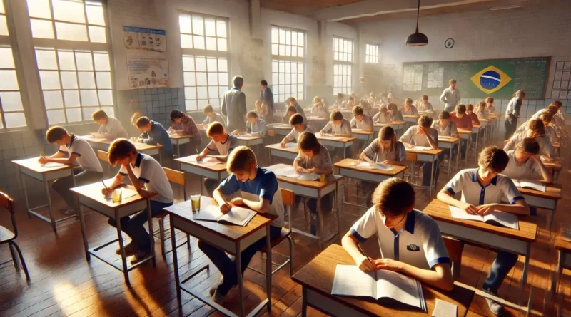 Estudantes brasileiros em sala de aula sob luz solar