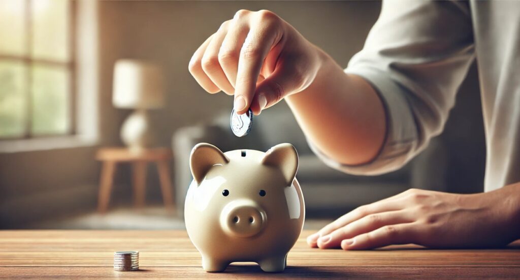 Moeda sendo depositada em um cofrinho para controle de finanças pessoais