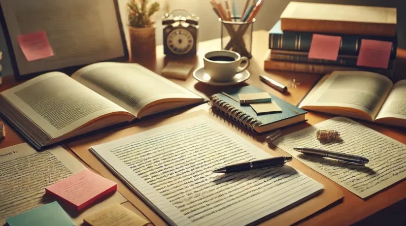 Redação em mesa de estudo com canetas e livros