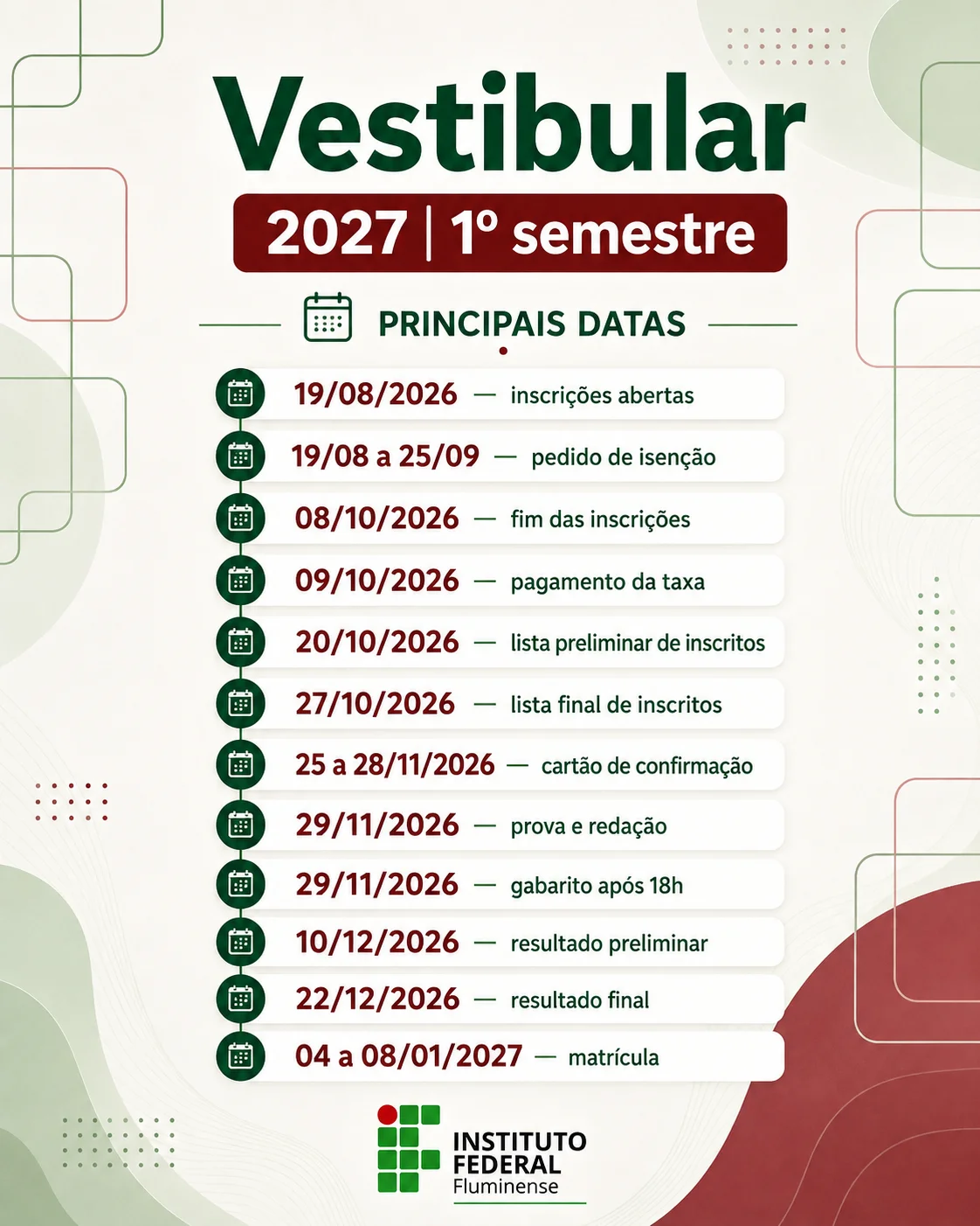 Calendário do Vestibular IFF 2027